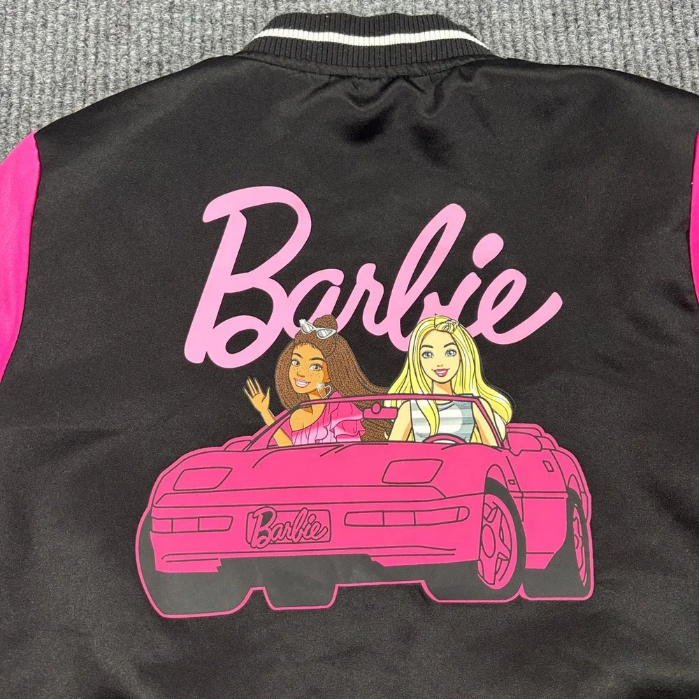 Barbie Bomber Jacket Kids XL (14-16) Black Pink Limited Edition Varsity Zip Up